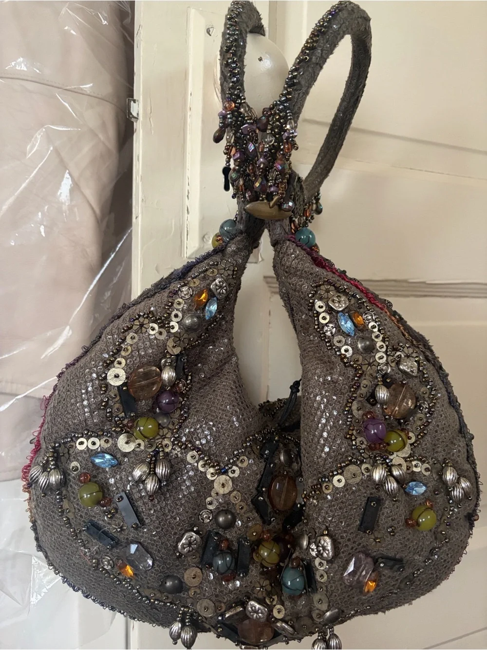 Mary Frances Gray Beaded Hobo Bag with Multicolor Gem Accents